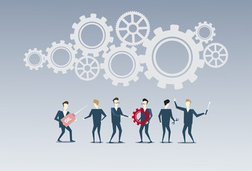 Business People Group Under Cog Wheel Work Together Brainstorming Process Strategy Concept Flat Vector Illustration