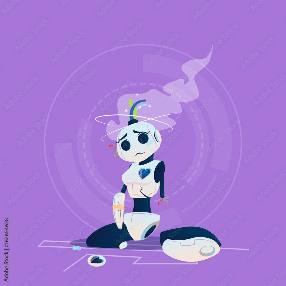Poster cute robot broken error modern artificial intelligence technology concept flat vector illustration