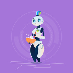 Cute Female Robot Cooking Breakfast Modern Artificial Intelligence Household Technology Concept Flat Vector Illustration