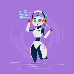 Cute Female Robot Listen Music Through Headphones Modern Artificial Intelligence Technology Concept Flat Vector Illustration