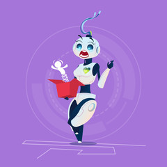 Cute Female Robot Scared Hold Present Box Modern Artificial Intelligence Technology Concept Flat Vector Illustration