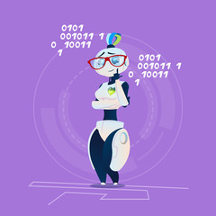 Cute Female Robot Wear Glasses Thinking Modern Artificial Intelligence Technology Concept Flat Vector Illustration
