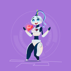 Cute Female Robot With Heart Shape Happy Smiling Modern Artificial Intelligence Technology Concept Flat Vector Illustration