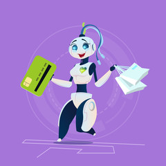 Cute Female Robot Hold Credit Card Online Shopping Modern Artificial Intelligence Technology Concept Flat Vector Illustration