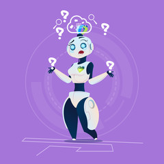 Cute Female Robot Thinking Question Modern Artificial Intelligence Technology Concept Flat Vector Illustration