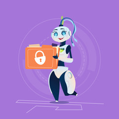 Cute Female Robot Protect Data Modern Artificial Intelligence Technology Concept Flat Vector Illustration
