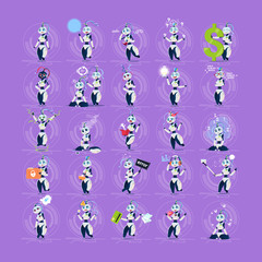 Cute Female Robots Set Modern Artificial Intelligence Technology Different Cyborg Collection Concept Flat Vector Illustration