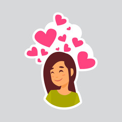 Girl Smiling Over Heart Shape Sticker For Messenger, Label Icon Colorful Logo Vector Illustration