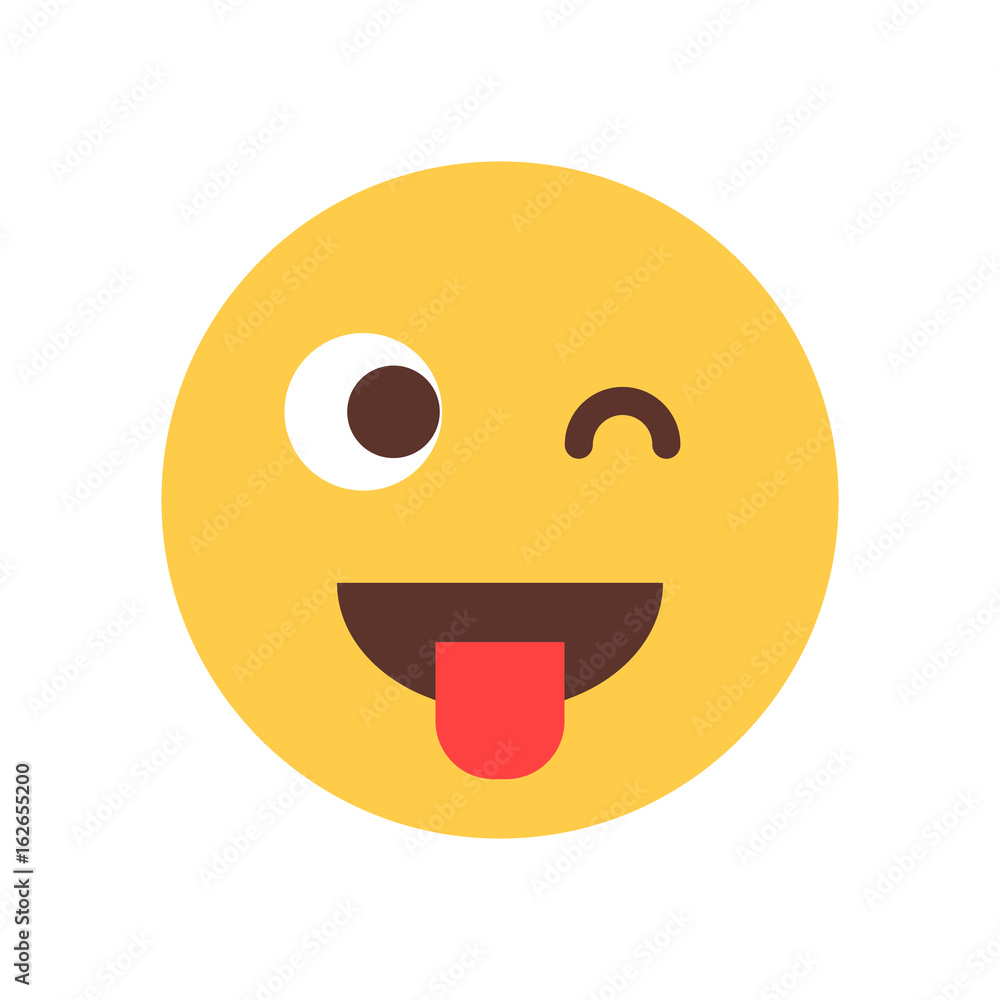 Wall mural yellow smiling cartoon face show tongue wink emoji people emotion icon flat vector illustration