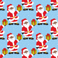 Vector Christmas and New Year Seamless Pattern with African American Santa Claus. Vector African American Santa Claus. 
