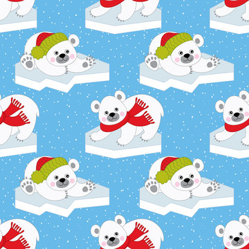 Vector Christmas and New Year Seamless Pattern with Polar Bears. Vector Baby Polar Bear. 