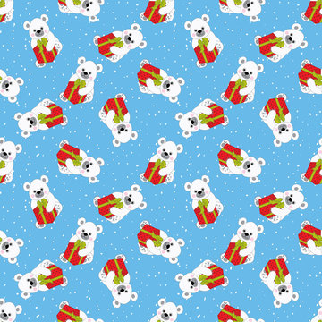 Vector Christmas and New Year Seamless Pattern with Polar Bears. Vector Baby Polar Bear. 