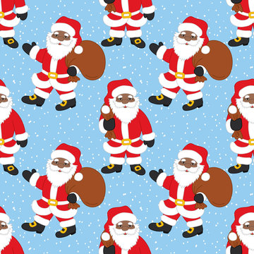 Vector Christmas and New Year Seamless Pattern with African American Santa Claus. Vector African American Santa Claus. 