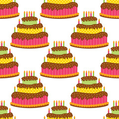 Vector Seamless Pattern with Cake and Candles.  Cake Seamless Pattern Vector Illustration.