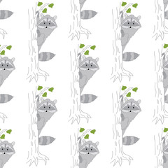 Vector Seamless Pattern with Cute Raccoons. Vector Baby Raccoon. Raccoon Seamless Pattern Vector Illustration. 