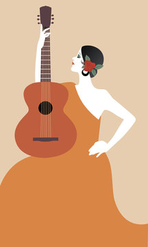 Spanish woman with guitar. Symbolic image of Spain. Vector Illustration.
