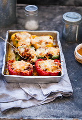 Stuffed red bell peppers beef meat red peppers dish baked food 