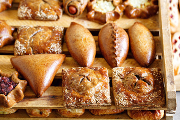 Puff pastry on wooden board. morning at the bakery