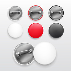 Blank white, red and black badges. Pin button. 3d realistic mockup. Vector illustration EPS 10. Isolated on white background
