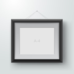 Empty photo frame on the wall with shadows. Design for a modern interior. Horizontal A-4. Vector illustration. Isolated on a gray background