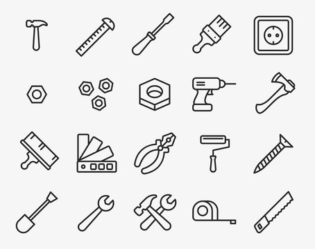 Repair Tools Minimal Flat Line Outline Stroke Icon Pictogram Symbol Set Collection. Hammer, Screwdriver, Nut, Paint Brush, Drill, Axe, Pliers, Roller, Wrench, Saw, Measure Tape