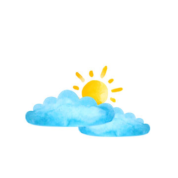 Watercolor sun and clouds isolated. Vector