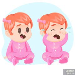 Vector illustration cute cartoon baby girl in pajamas happy sad calm, crying, laughing infant child kid Emotions