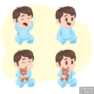 Vector illustration cute cartoon baby boy in pajamas with teddy bear happy sad calm, crying, laughing infant child, curious