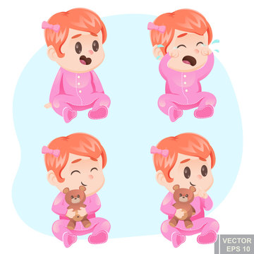 Vector illustration cute cartoon baby girl in pajamas with teddy bear happy sad calm, crying, laughing infant child, curious