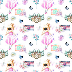 Seamless pattern with watercolor Girl-photographer, retro cameras and floral elements, hand painted isolated on a white background