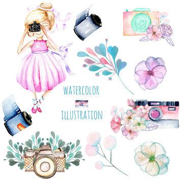 Set of watercolor Girl-photographer, retro cameras and floral elements, hand painted isolated on a white background