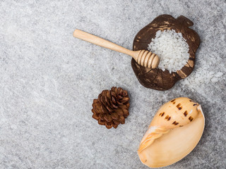 Aromatherapy  product  Spa set ,candle ,soap,coconut,  massage with white  wood background. top view,flat lay composition.
