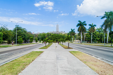 HAVANA, CUBA - FEB 21, 2016: Broad Independencia avenue in Havana, Cuba. Jose Marti monument in the background