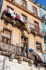 House with drying laundry in Havana Centro neighborhood, Havana, Cuba..