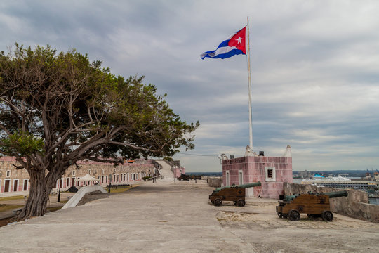 Cuban flag at La Cabana fortress in Havana, Cuba