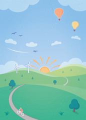 Summer Landscape with Rolling Hills & Outdoor Activities - an illustration with beautiful scenery and outdoor activities such as cycling and hot air ballooning.