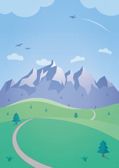 Obraz premium Letni krajobraz z górami - prosta ilustracja z falującymi wzgórzami, pasmem górskim, strzelistymi ptakami i lecącym w bezchmurnym niebie samolotem.