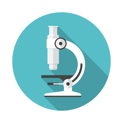 Microscope circle icon with long shadow. Flat design style. Microscope simple silhouette. Modern, minimalist, round icon in stylish colors. Web site page and mobile app design vector element.