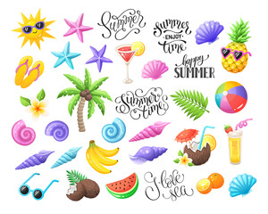 Tropical summer objects isolated on white background. Summer time wording with colorful beach objects. Fresh tropical fruits and cocktails icons. Seashells and starfishes symbols.