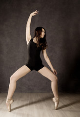 young beautiful ballet dancer in pointe shoes, dancing in a dark background