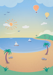 Fototapeta na wymiar Tropical Island Paradise - illustration with a tropical island, palm trees, beach and boats sailing on the calm ocean.