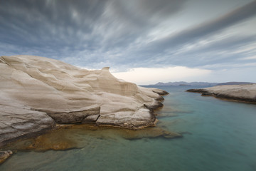 Volcanic rock formations on Sarakiniko beach on Milos island, Greece.
