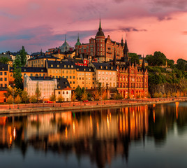 Obraz na płótnie Canvas Scenic Stockholm City Old Town Sunset Skyline. Panoramic merge from 8 images