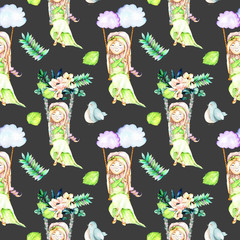 Seamless pattern with watercolor Girl swinging on a swing from clouds and flower bouquets, birds and leaves, hand painted isolated on a dark background