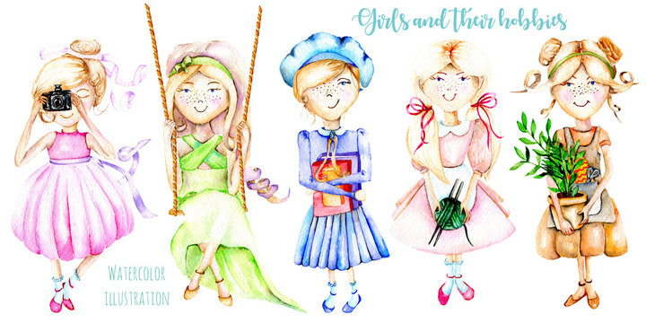 A set of watercolor cartoon characters of girls illustrations who have a favorite pastime, hand painted isolated on a white background