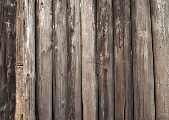 Wooden gray natural tree trunks palisade fence in Ukrainian style from a tree close-up background
