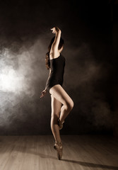 Fototapeta na wymiar young beautiful ballet dancer in pointe shoes, dancing in a smoke on a dark background.