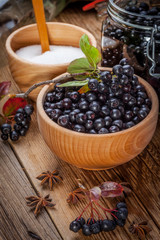 Fruits of black chokeberry prepared for processing.