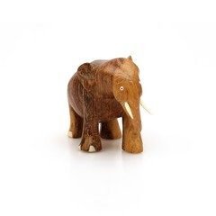 Fototapeta na wymiar Wooden souvenir elephant made of wood and ivory on a white background