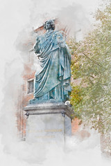 Monument of Nicolaus Copernicus in Torun, digital watercolor illustration
